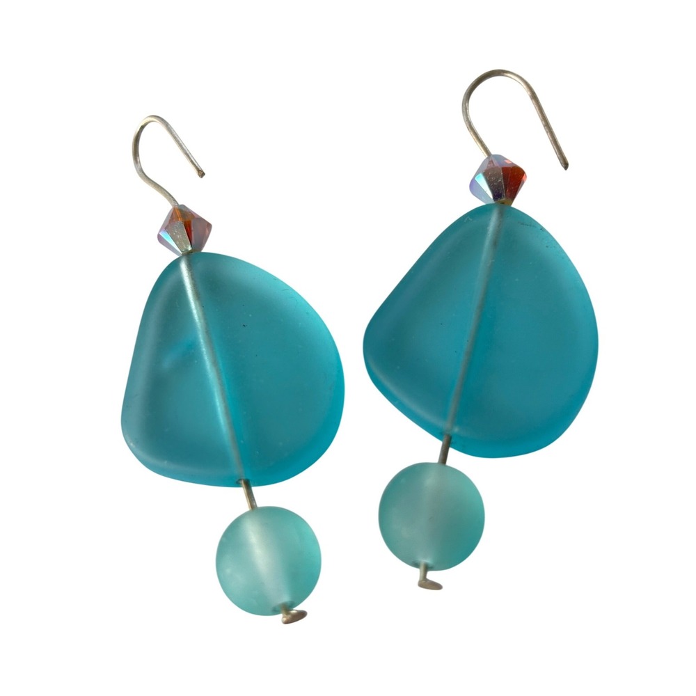 Vintage Sea Glass Drop Earrings Turquoise Blue Frosted Boho Coastal Beachy - Picture 1 of 3